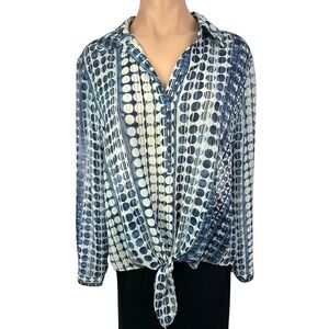 Chico's Blouse White & Blue Pattern Sz 2/ L Pullover Ties at Waist Long Sleeves